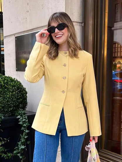 Office Coats O Neck Long Sleeve Pockets Single Breasted Female Jackets Autumn Lady Tops