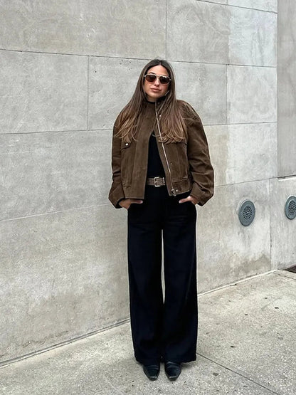 Zipper Suede Cargo Jacket Coat Button Lapel Maillard Slimming Workwear Leather Jackets Short Outwear Commute Overcoat