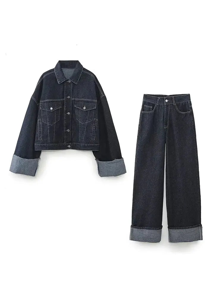 Azaria - Collared Long Sleeves Denim Two-piece Set