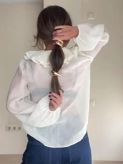 Ruffles Lace Up White V-neck Flared Blouse
