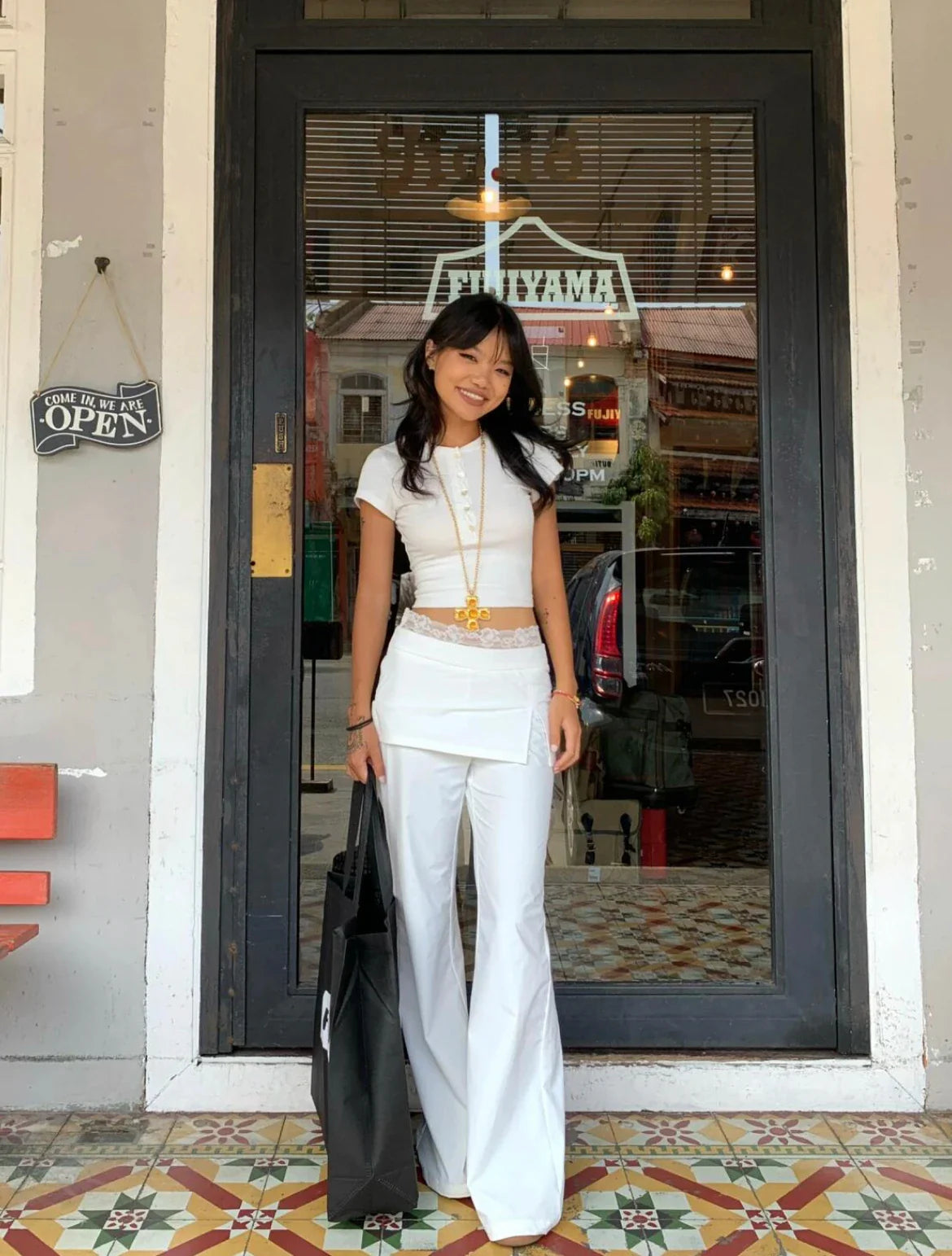 Lace Patch Strap Bootcut Pants White