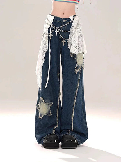 Blue Baggy Star Jeans Harajuku Aesthetic Denim Trousers Y2k Japanese 2000s Style Jean Pants Trashy Clothes