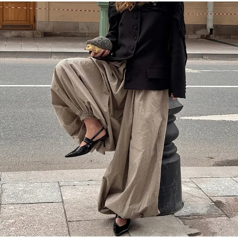 Autumn Print Trousers Elastic Waist Foot Binding Dropped Pants Wide Leg Pleated Lady Patchwork New