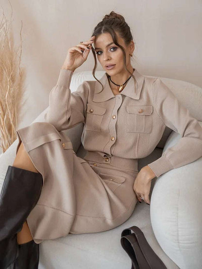 Knitted Slim-fit Two Piece Set - Khaki