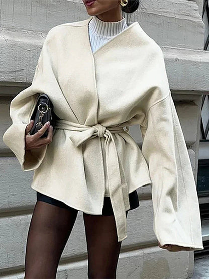 Lace Up Coat for V-neck Long Sleeve Slim Jacket Cardigan Autumn Winter Lady Outwear New in Coats