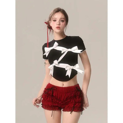 Bow Decoration Black Slim T-shirt