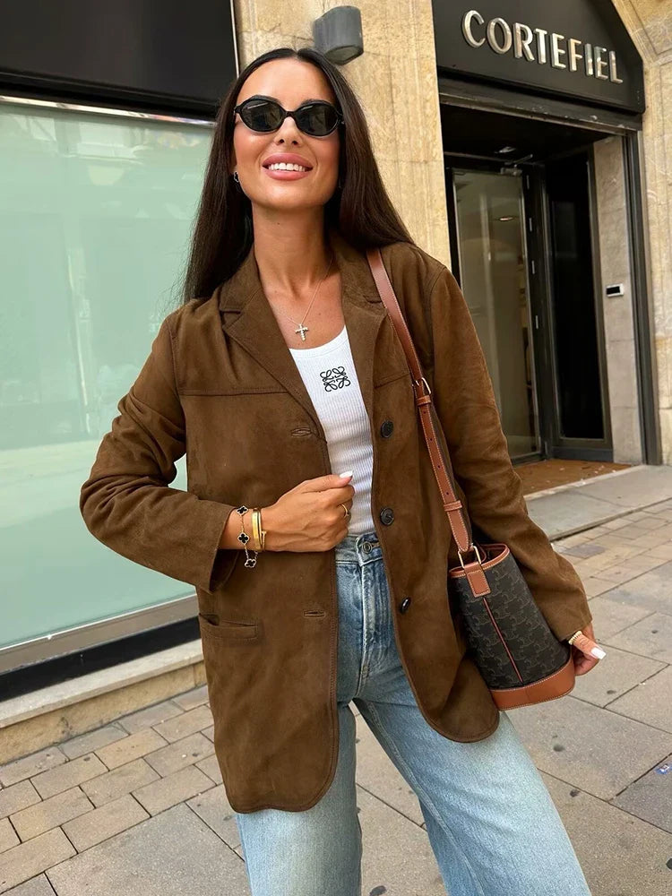 Turn Down Collar Brown Autumn Jacket for Single Breasted Long Coat Jacket Female Winter Jacket Back Slit