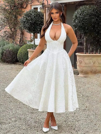 Bow Backless Jacquard a Line Mini Dress