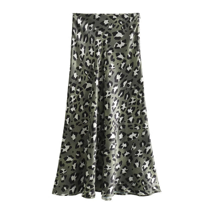 Female Retro Leopard Print Summer High Waist Satin A-line Skirt