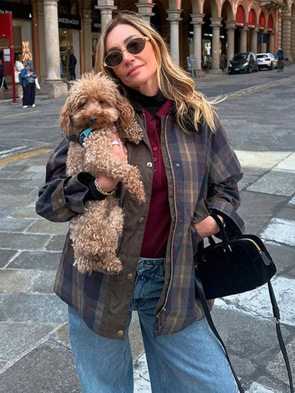 Plaid Printed Jacket Patchwork Turn Down Collar Single Breasted Female Coat Autumn Long Sleeve Zipper Outwear