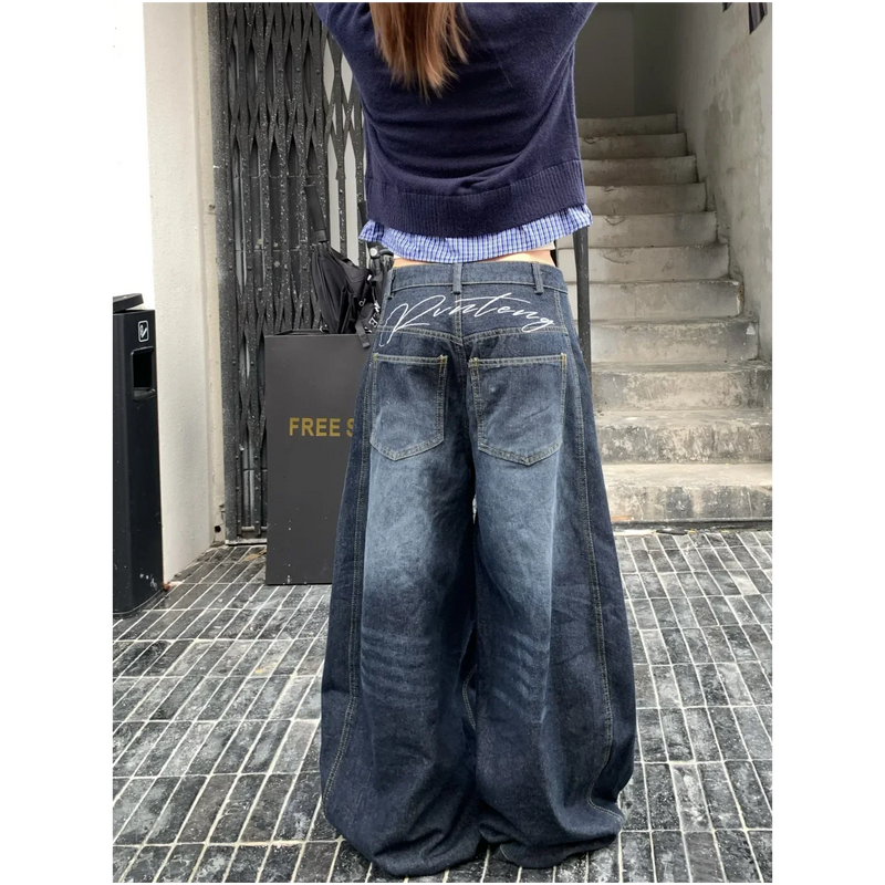 Y2k Letter Embroidery Washed Jeans Harajuku Wide Leg Denim Pants Baggy Gyaru Scimitar Trousers