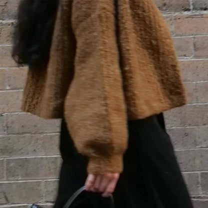 Color Simple Knitted Cardigan Loose Round Neck Single Breasted Sweater Retro Tops Short Sweaters