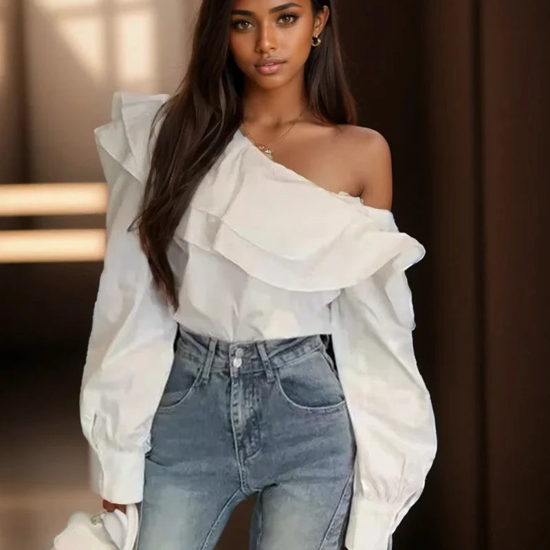 Off-shoulder Ruffled White Blouse