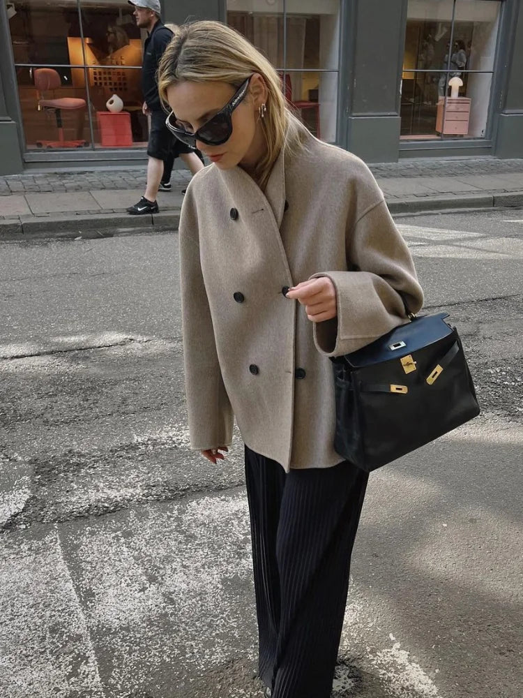 Wool Coats Loose Double Breasted Stand Collar Short Jacket Fall Winter Coat Female Commute Outerwear