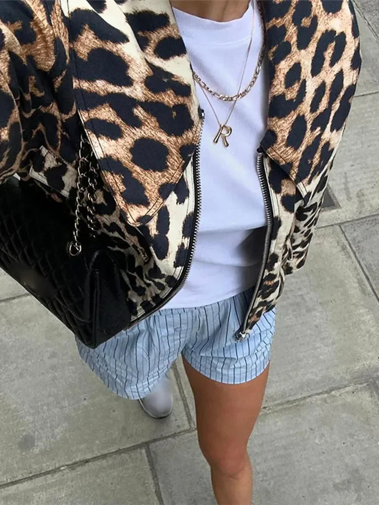 Leopard Print Bomber Jacket Lapel Long Sleeves Zipper Pockets Loose Coat Autumn Lady High Streetwewar
