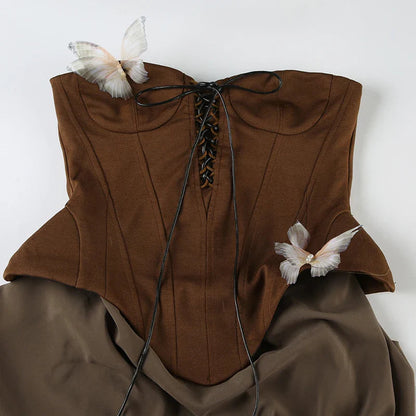 Butterfly Detail Strapless Long Dress Aesthetic Detachable Corset Top Maxi Dresses
