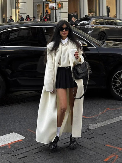 Oversize Lapel Extra Long Woolen Overcoat Double Breasted Cropped Overgarment Lady Commute