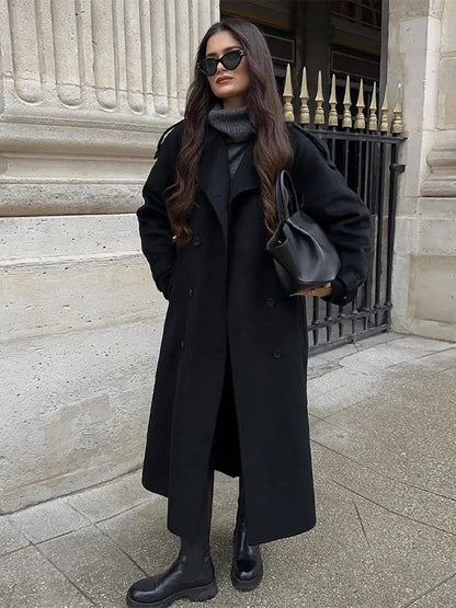Double Breasted Woolen Overcoat Lapel Long Sleeve Jacket With Belt Female New Commute Outerwear