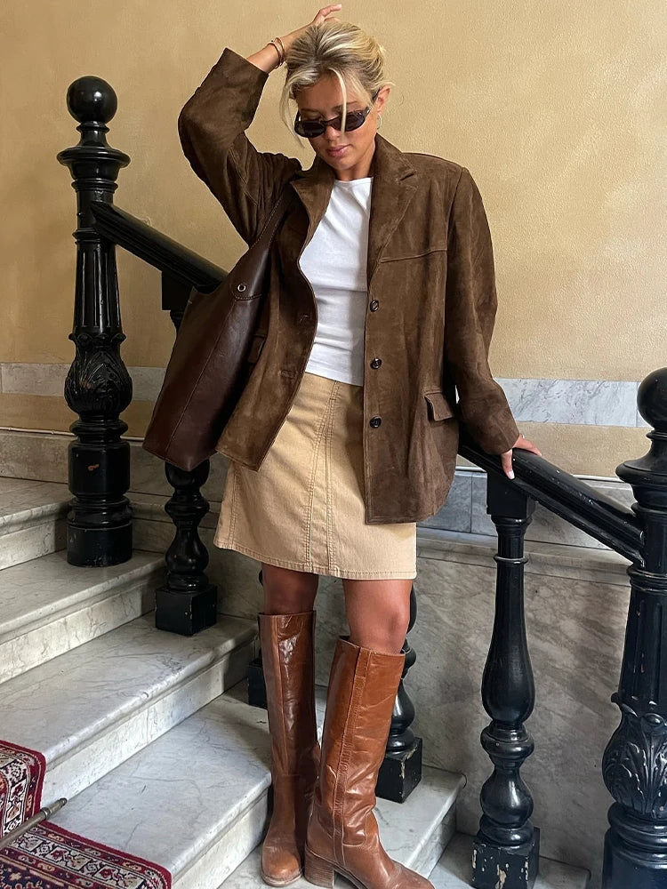 Autumn and Winter Suede Single-breasted Blazer Female High Street Lapel Long Sleeve Coat Mujer