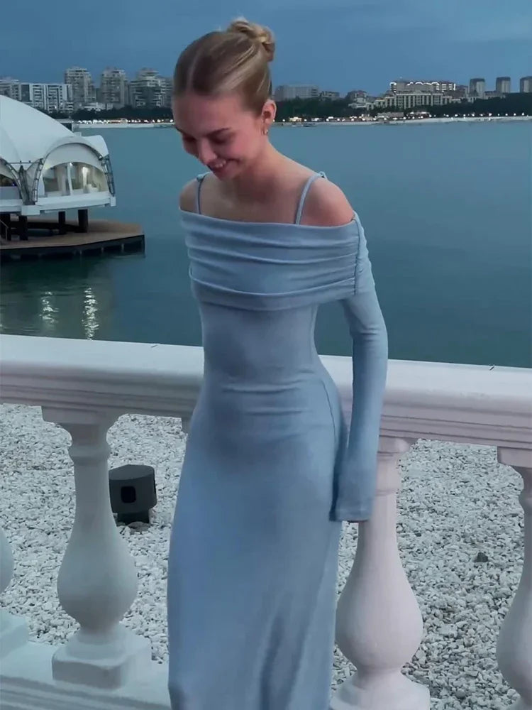 Off Shoulder Long Dress Bodycon Full Sleeves Party Dresses Summer Autumn Slim Lady Robes