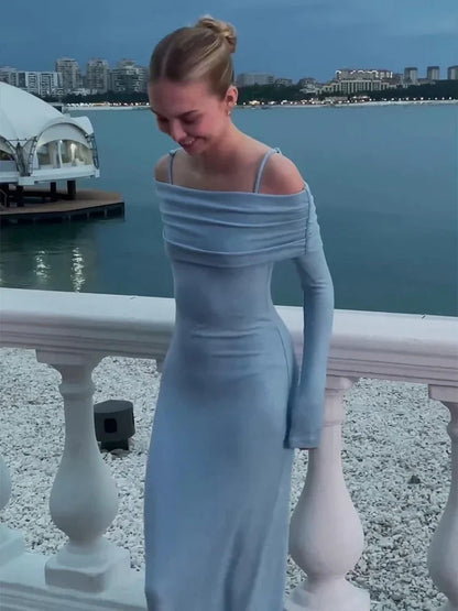 Off Shoulder Long Dress Bodycon Full Sleeves Party Dresses Summer Autumn Slim Lady Robes