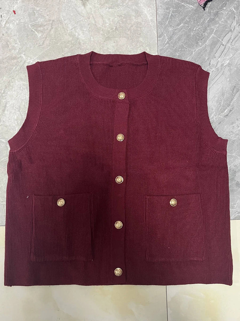 Pocket Cardigan Vest O Neck Single Breasted Sleeveless Knit Waistcoat New Simple Sweater Jacket