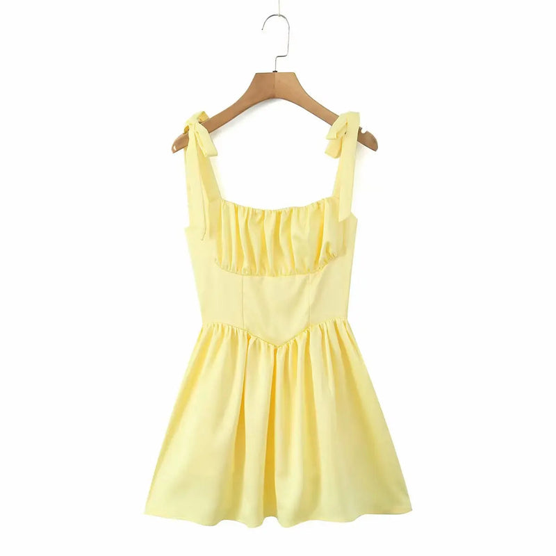 Pleated Design Tie-up Sleeveless Summer Dresses Color Slim Fit Mini Dress Simple Party Dress