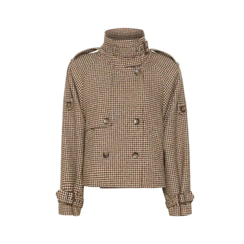 Plaid Double Breasted Street Coat Drop-shoulder Long Sleeve Stand Collar Loose Pocket Jacket Autumn Outwear