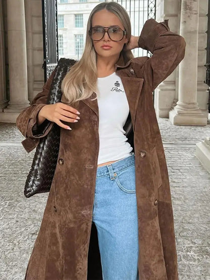 With Belt Suede Long Jacket Button Lapel Oversize Loose Overcoat Autumn Female High Street Coat
