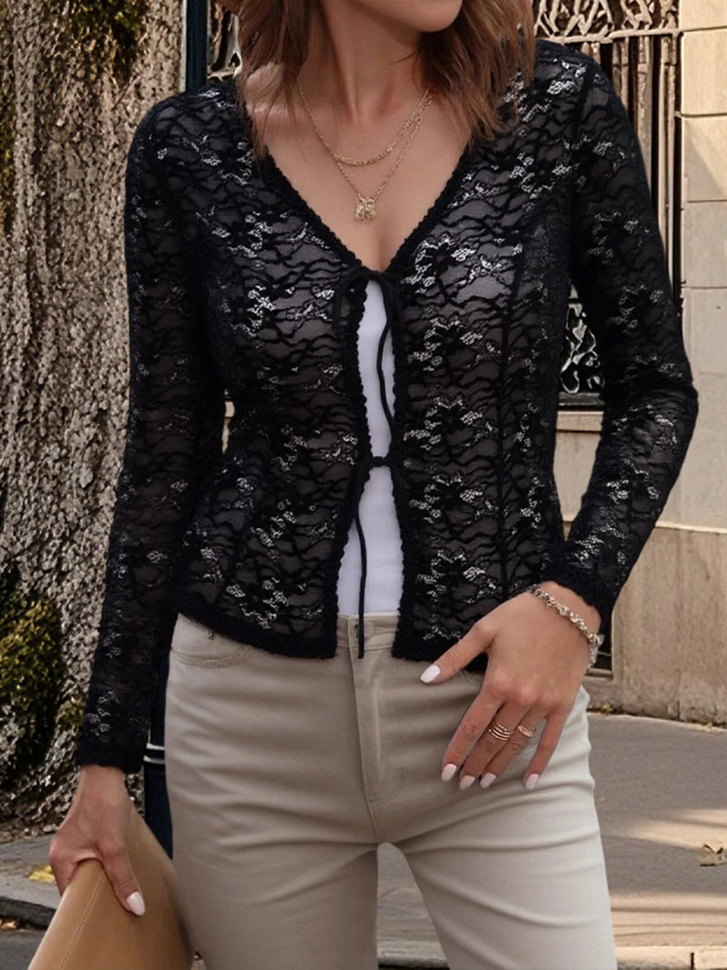 Lace Trimmed V-neck Blouse With Tie Front Detail and Long Sleeves - Stylish S Shirt for Street Style