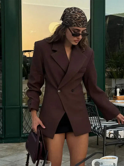 Brown Lapel With Pocket Jacket Woman Cuff Buttons Long Sleeve Blazer Coat Lady Autumn High Street Outwear