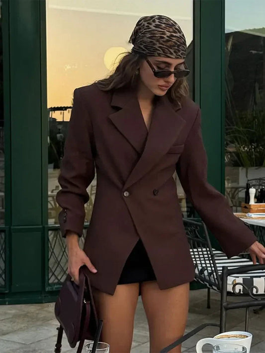 Brown Lapel With Pocket Jacket Woman Cuff Buttons Long Sleeve Blazer Coat Lady Autumn High Street Outwear