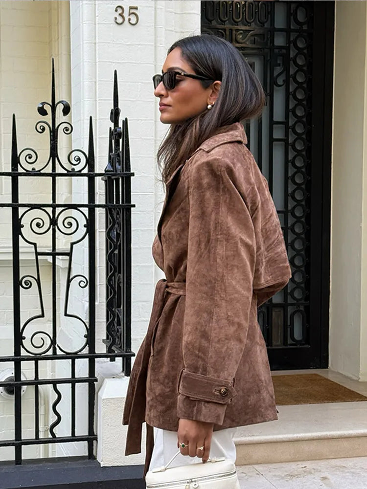 Autumn Lace Up Lapel Collar Suede Jacket Retro Double Breasted Long Sleeve Coat Lady Windbreaker