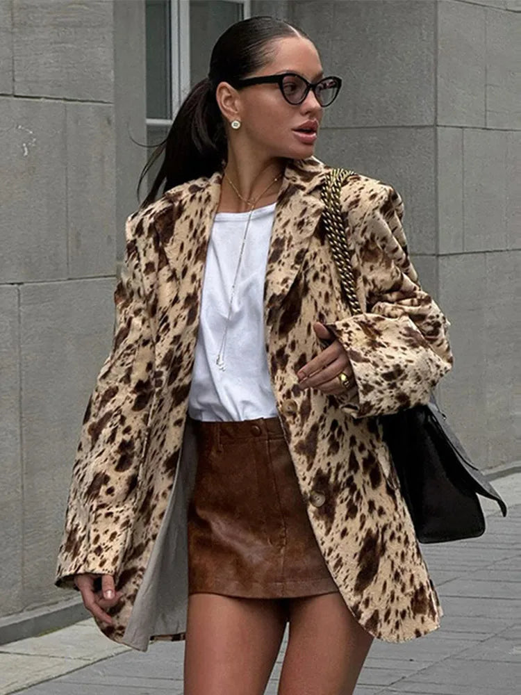 Leopard Print Woman Blazer Jacket Lapel Single Breasted Pockets Long Sleeve Coat Lady Fall Office Outerwear