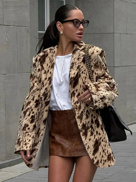 Leopard Print Woman Blazer Jacket Lapel Single Breasted Pockets Long Sleeve Coat Lady Fall Office Outerwear