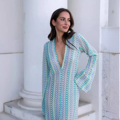 Crochet Stripe Flare Sleeve Maxi Dress