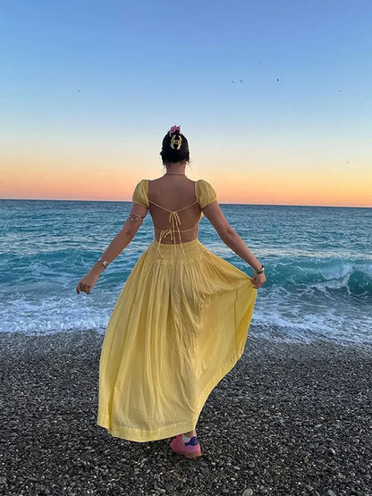 Summer Vacation Backless Square Neck Long Dress Lace Up High Waist Slim Dresses Lady Holiday Beachwear