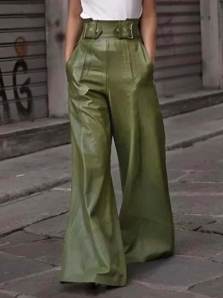New Autumn Winter Faux Pu Pants Color Pleated Pockets High Waisted Wide Leg Trousers