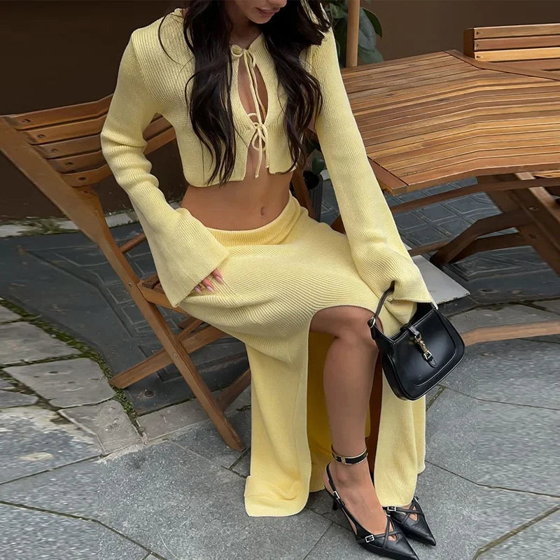 Knitted Lace Up 2pcs Set With Skirt Long Sleeve Waist Exposed Cardigan Slit Long Skirts Autumn New Matching Sets