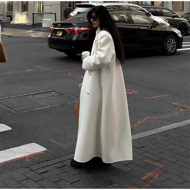 White Double Breasted Loose Woolen Coat Oversized Long Sleeve Overcoat Fall Winter New Outerwear