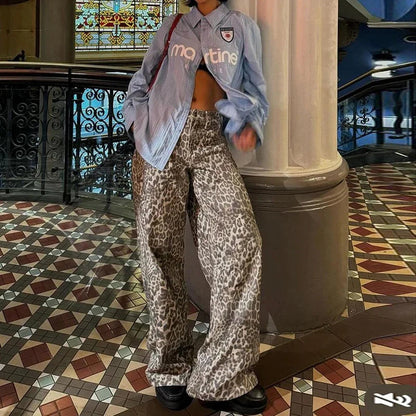 New Leopard Print Retro Straight Long Pants for Loose Slightly Flared Trousers Female Club Party Pants