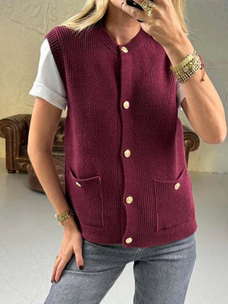 Pocket Cardigan Vest O Neck Single Breasted Sleeveless Knit Waistcoat New Simple Sweater Jacket