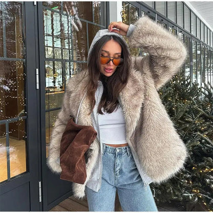 Furffy Thicken Jackets Faux Fur Loose Lapel Long Sleeves Warm Coats Female Winter Soft Outwears Lady