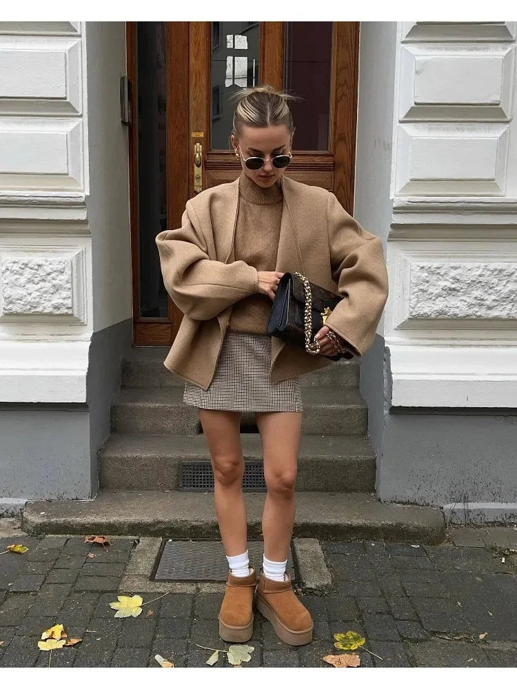 V-neck Khaki Thicken Wool Jacket Autumn Winter Loose Blend Coat Female Warm Outfit Coats for