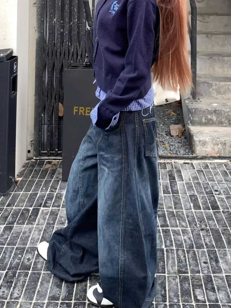 Y2k Letter Embroidery Washed Jeans Harajuku Wide Leg Denim Pants Baggy Gyaru Scimitar Trousers