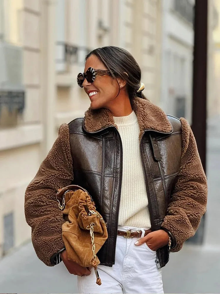 Zipper Patchwork Lamb Wool Leather Coats for Oversized Lapel Warm Jackets Lady High Street Outerwears