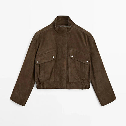 Zipper Suede Cargo Jacket Coat Button Lapel Maillard Slimming Workwear Leather Jackets Short Outwear Commute Overcoat