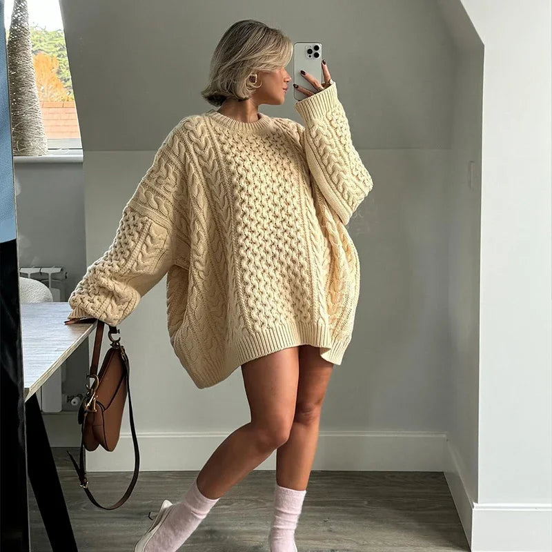 Oversized Knit Twist Pullovers Loose Lazy O-neck Long Sleeve Sweaters Female Autumn New Street Knitwear