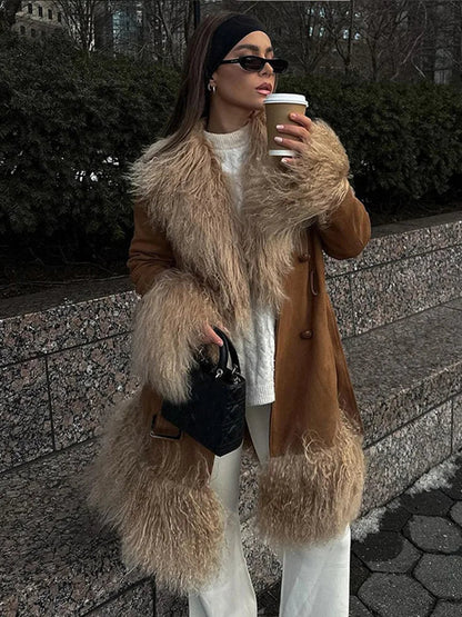 Suede and Fur Coat Plush Double Breasted Turn-down Collar Belts Thick Outerwear Warm Feather Overcoat