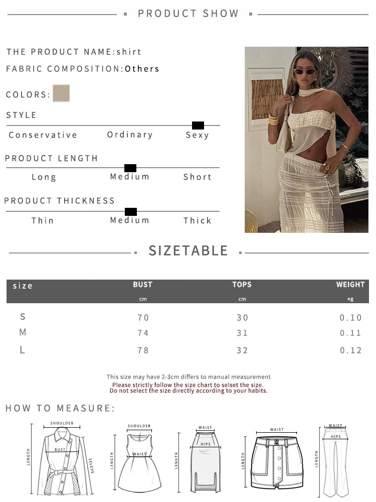 Beach Party Two-piece Set See Through Scarf Mini Wrap Top Mesh Irregular Hem+multi-pleated Bottoms Matching Suits